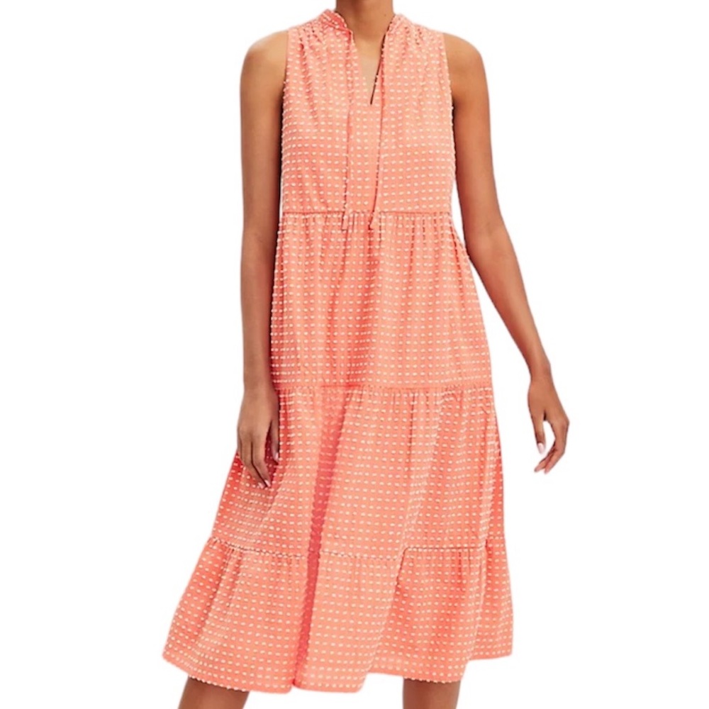 *NWOT* LOFT Sleeveless Tie Neck Tiered Midi/Maxi Dress, Coral Swiss/Clip Dot